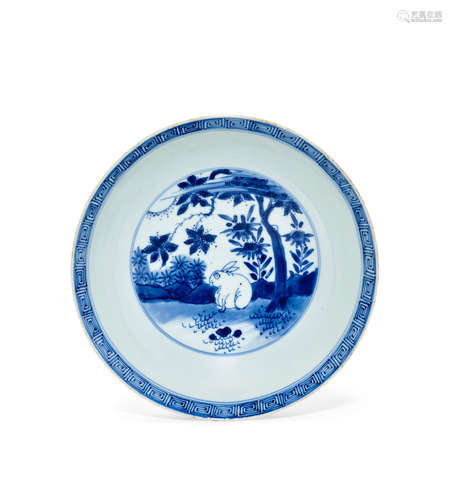 A blue and white 'Corpulent Moon Hare' deep rounded bowl Chenghua mark, Late Ming, Circa 1643