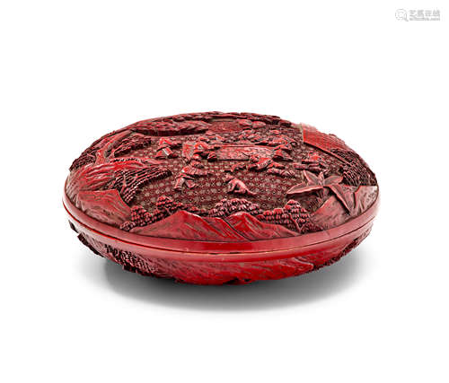 A large carved cinnabar lacquer two-sided circular domed box and cover Late Ming or early Qing Dynasty, 17th century