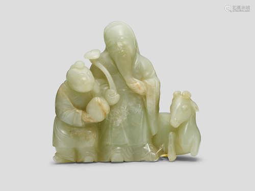 A celadon Jade Shoulao, deer and attendant group 18th Century