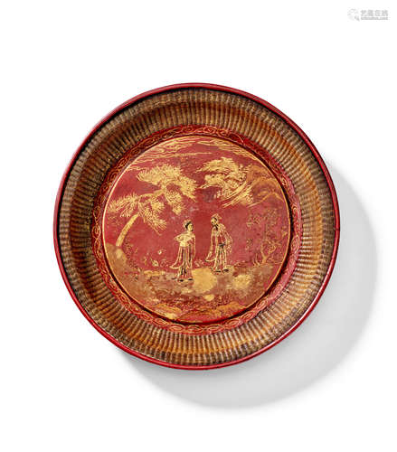 A red lacquer and engraved gilt (qiangjin) lacquer dish Early-mid 17th Century