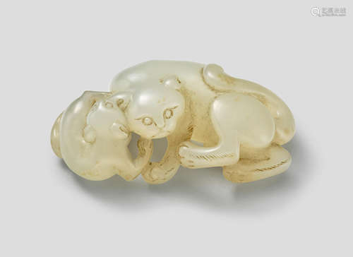 A white jade cat group 18th Century