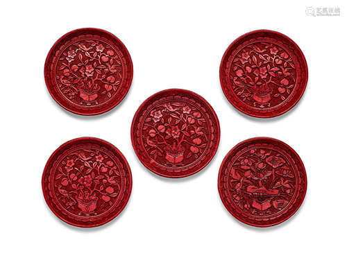 Five carved cinnabar lacquer small dishes Ming Dynasty, 16th Century