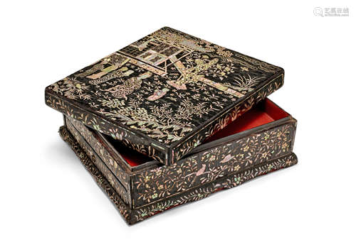 A mother-of-pearl-inlaid black lacquer tiered square box and cover Ming Dynasty, 16th Century