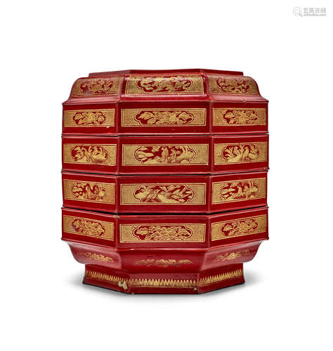 An early red and engraved gilt (qiangjin) lacquer three-tier octagonal box and cover Song/Yuan Dynasty