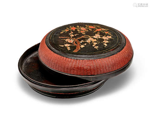 An Inscribed and dated painted black and red lacquer and basket-weave circular box and domed cover Qianlong cyclical date dinghai year corresponding to 1767 and Hall mark Guang Yu Tang (Hall of Abundant brightness)