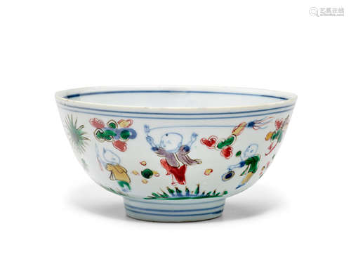 A blue and white and enameled 'children-at-play' bowl Chenghua mark, Wanli (1573-1619)