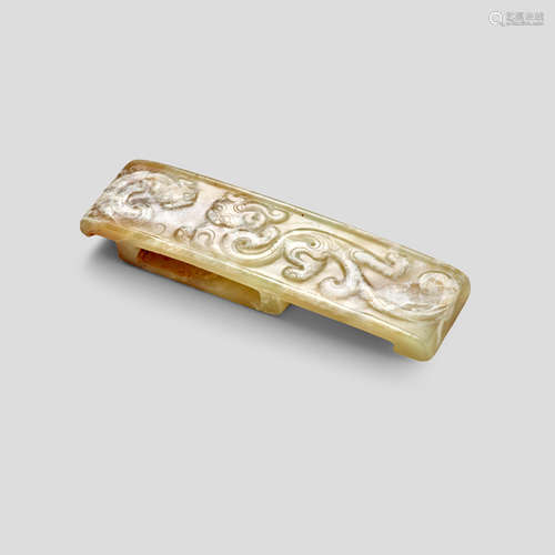 A Fine olive-celadon and calcified Jade scabbard slide Han Dynasty