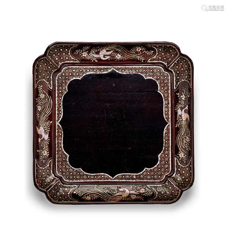 A Ming mother-of-pearl and brown and black lacquer square tray 16th/17th Century