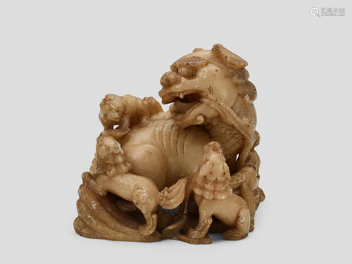 A cream soapstone 'Lion with Cubs' group 18th Century