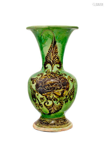 A rare Cizhou green-glazed and iron-black-brown-painted and incised 'peony' baluster vase Northern Song-Jin Dynasty, 12th Century