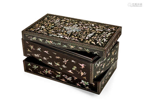 A mother-of-pearl-inlaid black lacquer three-tier rectangular box and cover 17th/18th Century