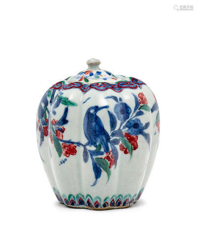 A blue and white and enameled 'birds and blossom' lobed octagonal jar and cover 16th/17th Century