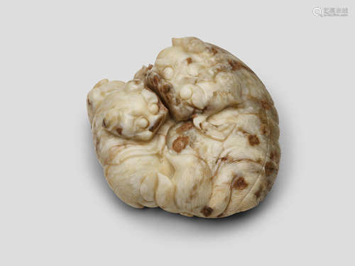 A white grey and brown-mottled Jade 'lion and cub' group Possibly 17th Century