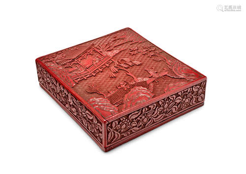 A carved cinnabar lacquer 'scholar's excursion' rectangular box and flat cover Ming Dynasty, 16th century