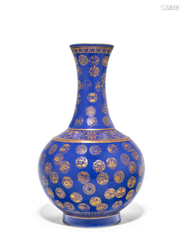 A gilt-decorated blue-glazed vase, tianqiuping Underglaze-blue Guangxu six-character regular mark and of the Period