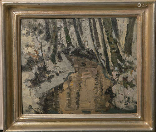 Umgelter, Hermann Ludwig (1891 - 1962), winterliche Waldlandschaft m. Flußlauf, Öl/Malpappe, re.