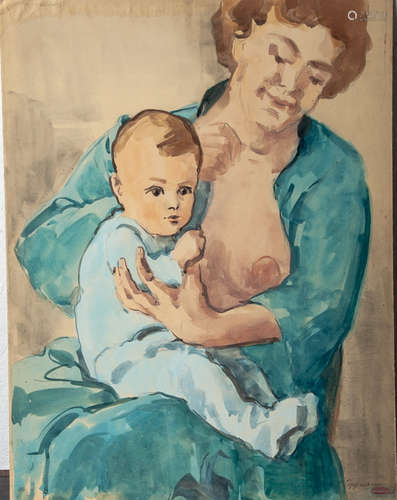 Lippmann, Karl Friedrich (1883 - 1957), Portrait einer Mutter m. einem Säugling auf dem Schoß,