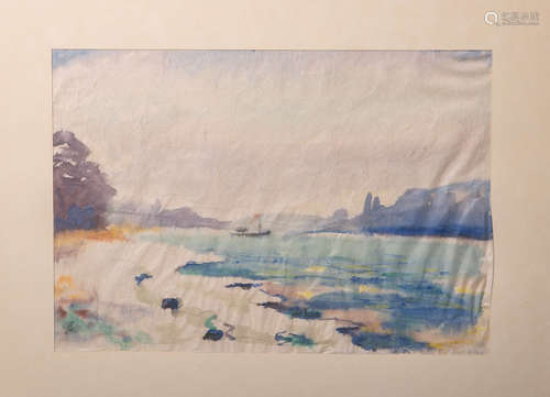 Unbekannter Künstler (wohl 20. Jh.), Darstellung einer Landschaft m. Gewässer, Aquarell /