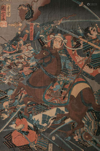 Unbekannter Künstler (wohl 19./20. Jh.), Darstellung v. Samurais auf Pferden im Kampf, japanischer