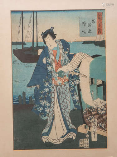 Kunichiko wohl (wohl 19./20. Jh.), japanischer Farbholzschnitt, mehrfach bez./sign., ca. 36 x 25 cm,