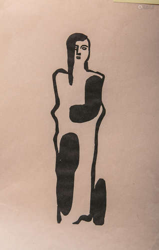 Wolff, Gustav Heinrich (1886 - 1934), Stehende Mädchenfigur, Holzschnitt/gebräuntes Papier, 1930,