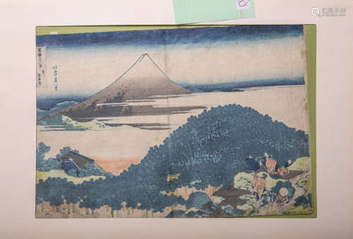Hokusai (aus 36 Ansichten des Fuji), japanischer Farbholzschnitt (wohl 19./20. Jh.), li. oben im
