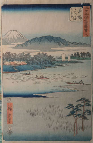 Tokaido wohl (wohl 19./20. Jh.), japanischer Farbholzschnitt, mehrfach bez./sign., ca. 36 x 23 cm.