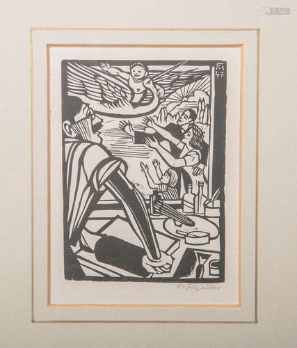 Felixmüller, Conrad (1897 - 1977), der Künstler im Atelier / Hoffnung, Holzschnitt, re. u.