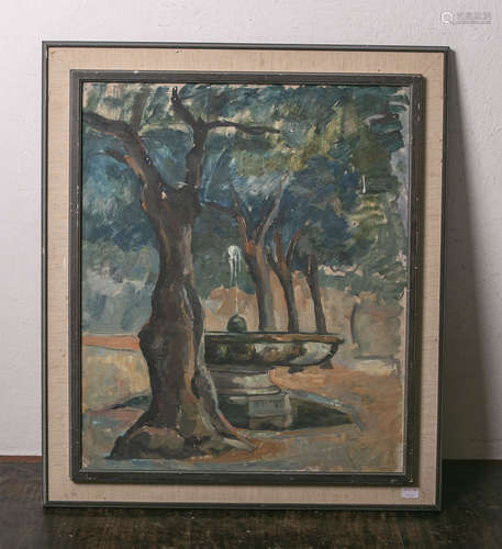 Unbekannter Künstler (20. Jh.), Brunnen auf Allee, Öl/Lw., ca. 65,5 x 55,5 cm, gerahmt. Farbabpl.