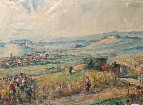 Holtmann, Willy (1908 - 1984), bei der Weinernte im Rheingau, Öl/Lw., re. u. sign., ca. 58 x 78