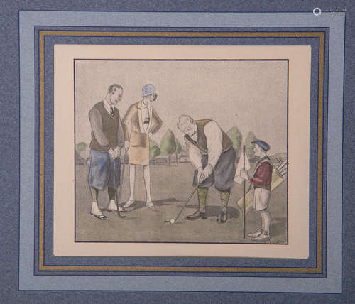 Unbekannter Künstler (20. Jh.), beim Golfen, Lichtdruck von 1920, Blattgröße ca. 16,5 x 23 cm, PP.