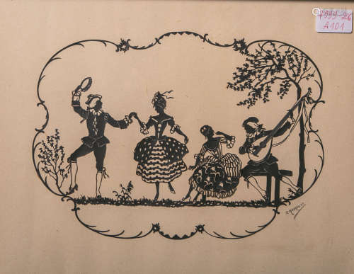 Kaskeline, Friedrich (1863 - ?), Lautespieler, eine Dame u. ein tanzendes Paar, feiner detailreich
