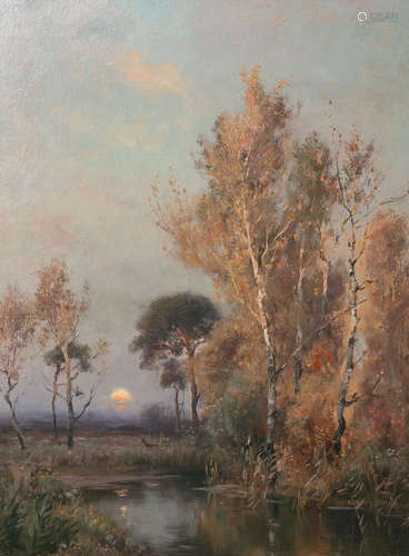 Peters, Otto Seraphin (1858 - 1908), Sonnenuntergang über einer Moorlandschaft mit Reh (Glonn bei