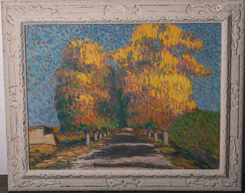 Favier, Pierre (1899 - 1969), sommerliche Allee im pointillistischem Malstil, Öl/Karton, re. un.