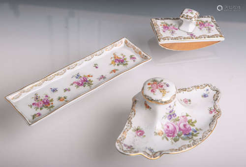 3-teilige Schreibgarnitur (Neu Meissen, blaue Unterbodenmarke), Rosendekor m. Goldbordüren,