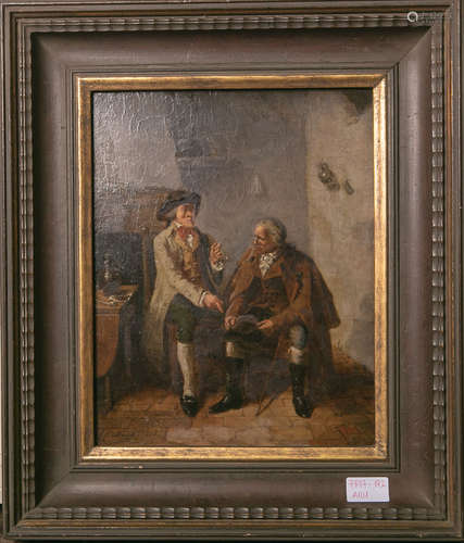 Madou, Jean-Baptiste (1796 - 1877), Interieurszene m. 2 sitzenden Herren im Gespräch, Öl/Holz, li.