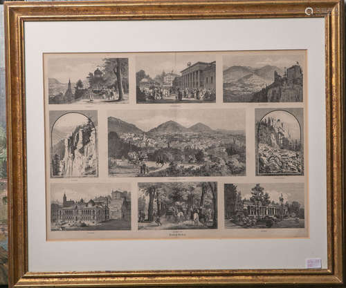 Weber, J. nach (19. Jh.), Sammelbild m. 9 Holzstichen m. Stadtansichten von Baden-Baden,