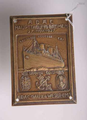 Auto-Bronzeplakette ADAC, Haupttagung Bremen 27. Nov. 1927, m. Darstellung von N.D.L. Dampfer 