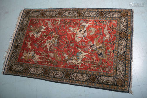 Seidenteppich (wohl aus Indien), mit Jagdmotiven, ca. 166 x 107,5 cm. Minimale Gebrauchsspuren.