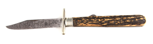 A 19TH CENTURY STAGHORN HANDLED FOLDING BOWIE KNIFE