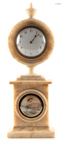 A REGENCY ALABASTER MANTEL CLOCK the moulded circular