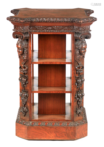 A MID 19TH CENTURY FIGURED WALNUT FREESTANDING LIBRARY