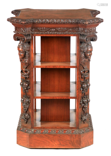 A MID 19TH CENTURY FIGURED WALNUT FREESTANDING LIBRARY