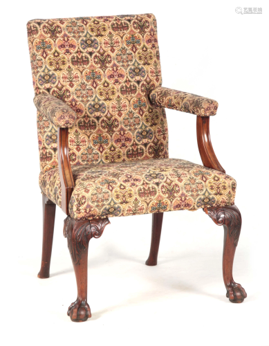 A GEORGE III MAHOGANY ARMCHAIR with upholstered back