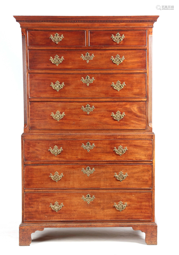 A GEORGE III MAHOGANY CHEST ON CHEST with moulded