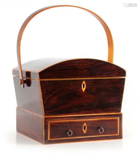 A REGENCY ROSEWOOD AND BOXWOOD SEWING BOX with