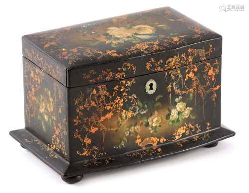 A 19TH CENTURY PAPIER MACHE TEA CADDY decorated with