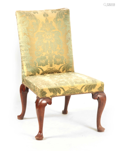 A QUEEN ANNE WALNUT UPHOLSTERED SIDE CHAIR with green