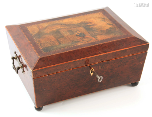 AN EARLY 19TH CENTURY BURR YEW-WOOD SEWING BOX the
