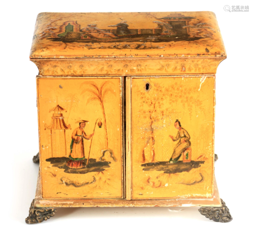 A REGENCY YELLOW LACQUER CHINOISERIE WORK BOX with